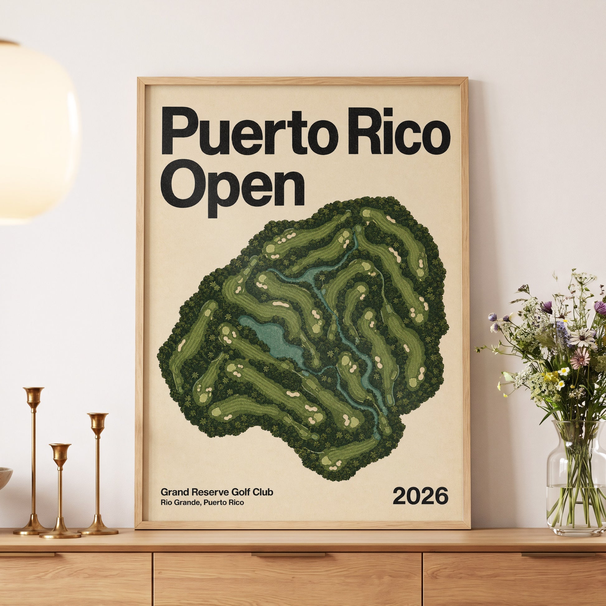 Puerto Rico Fairways, green, beige, black nature wall art displayed in a styled interior, gallery view 5