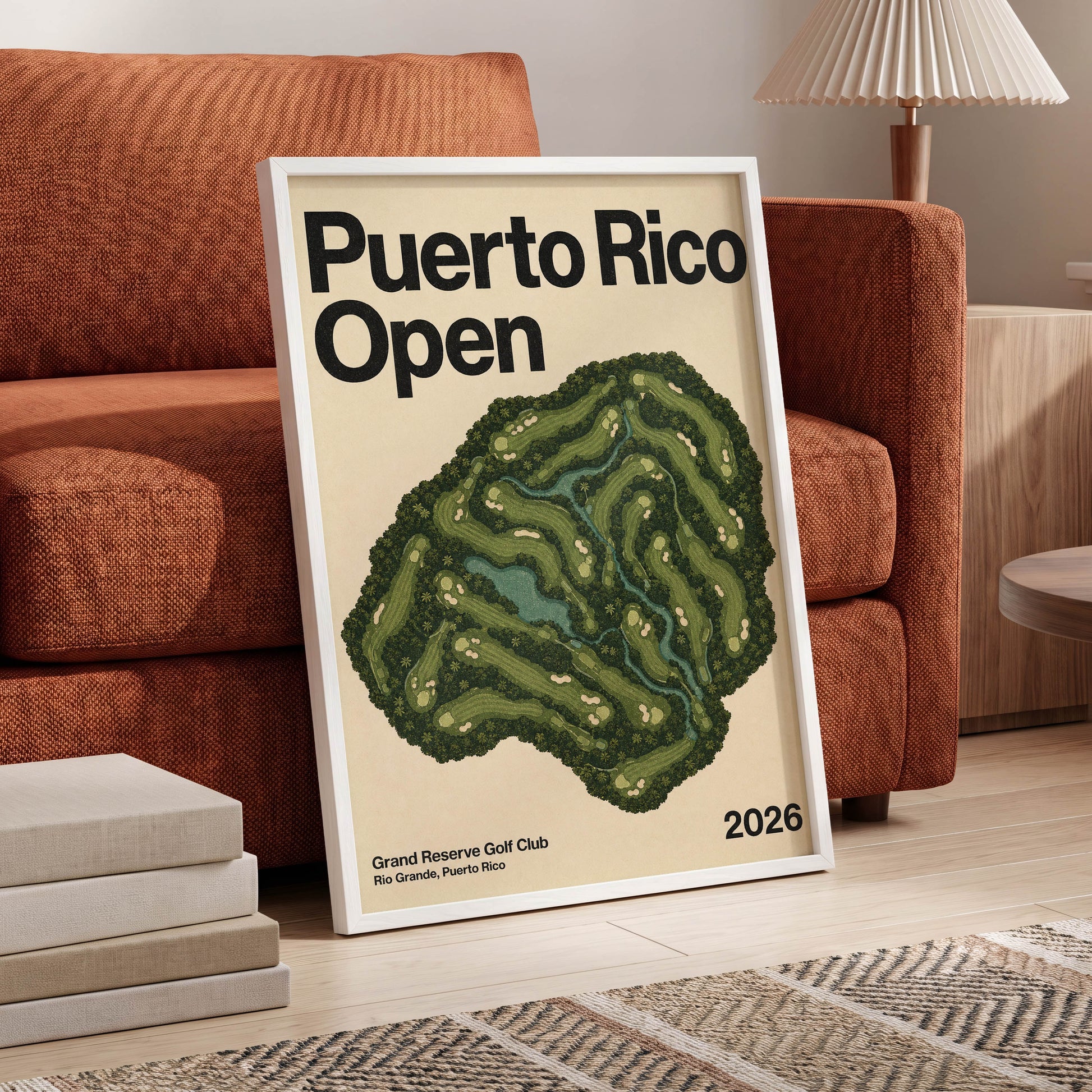 Puerto Rico Fairways, green, beige, black nature wall art displayed in a styled interior, gallery view 6