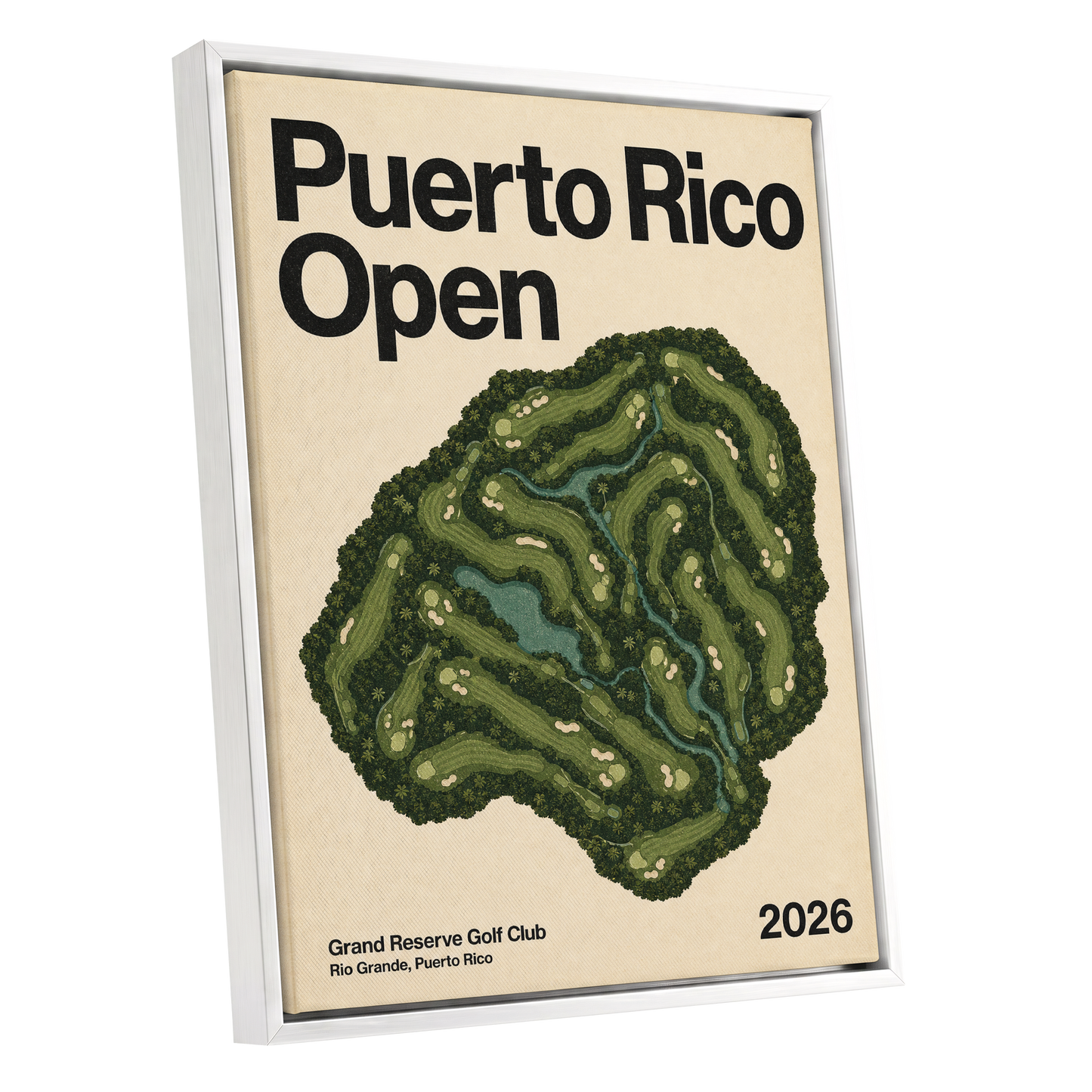 Puerto Rico Fairways, green, beige, black nature wall art shown as a white framed canvas wall art