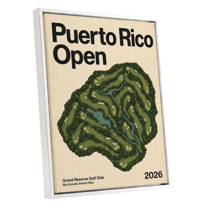 Puerto Rico Fairways, green, beige, black nature wall art shown as a white framed canvas wall art