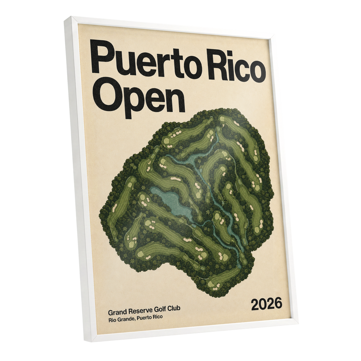 Puerto Rico Fairways, green, beige, black nature wall art shown as a white framed poster wall art print
