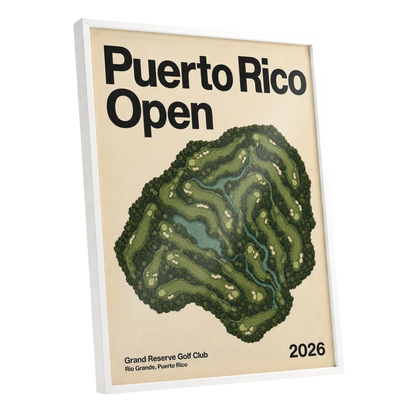 Puerto Rico Fairways, green, beige, black nature wall art shown as a white framed poster wall art print