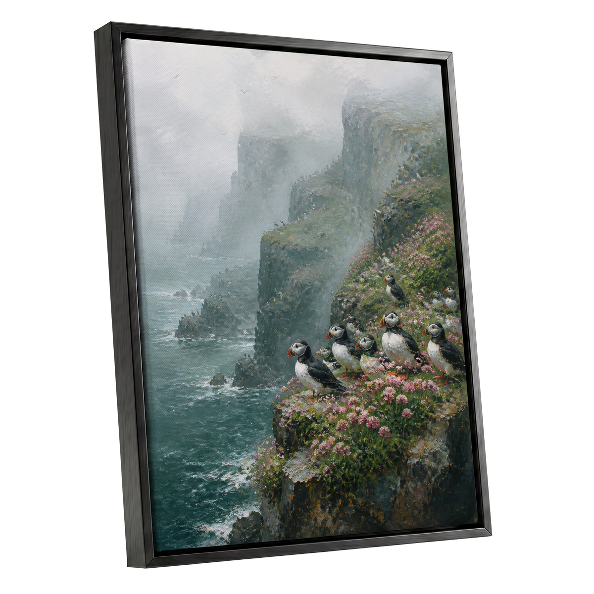 Puffins Above the Tides, blue, green, gray nature wall art shown as a black framed canvas wall art