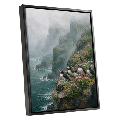 Puffins Above the Tides, blue, green, gray nature wall art shown as a black framed canvas wall art