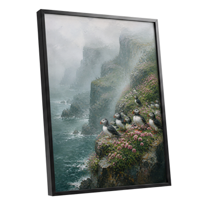 Puffins Above the Tides, blue, green, gray nature wall art shown as a black framed poster wall art print