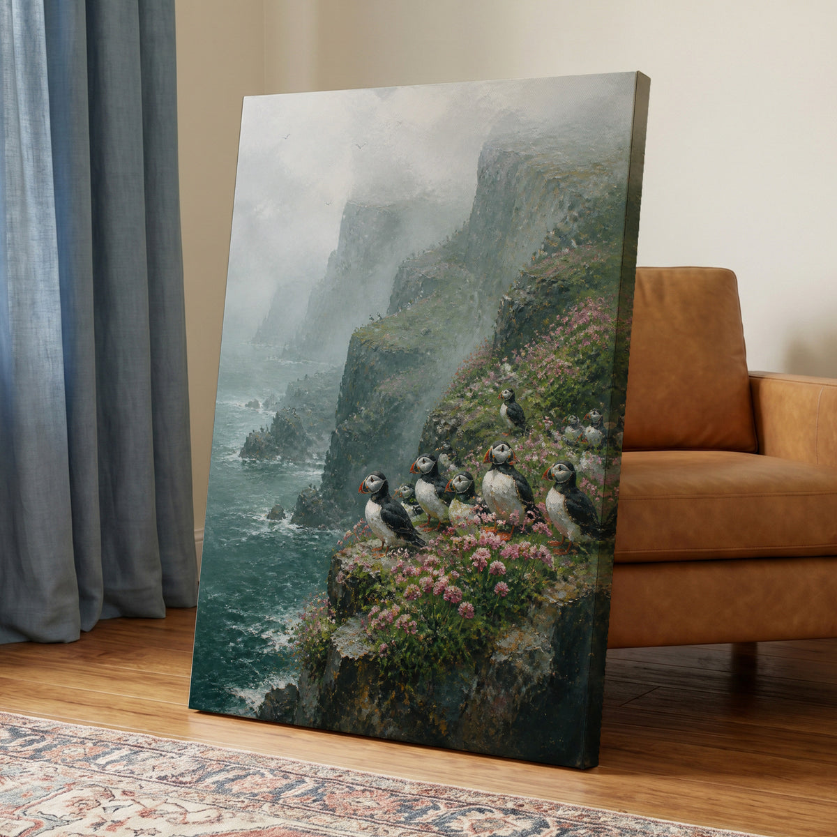 Puffins Above the Tides, blue, green, gray nature wall art on canvas displayed in a styled interior, gallery view 1
