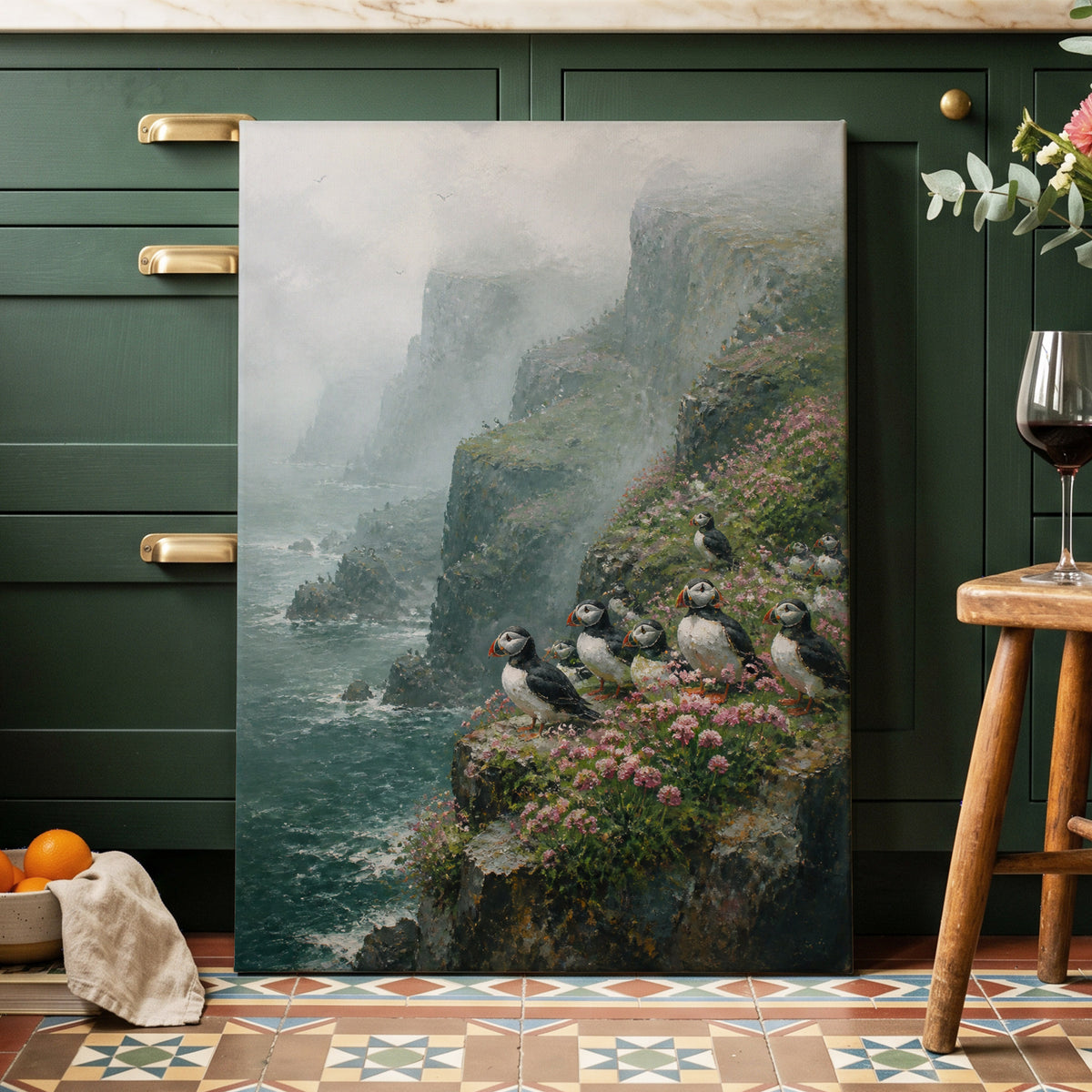 Puffins Above the Tides, blue, green, gray nature wall art on canvas displayed in a styled interior, gallery view 2