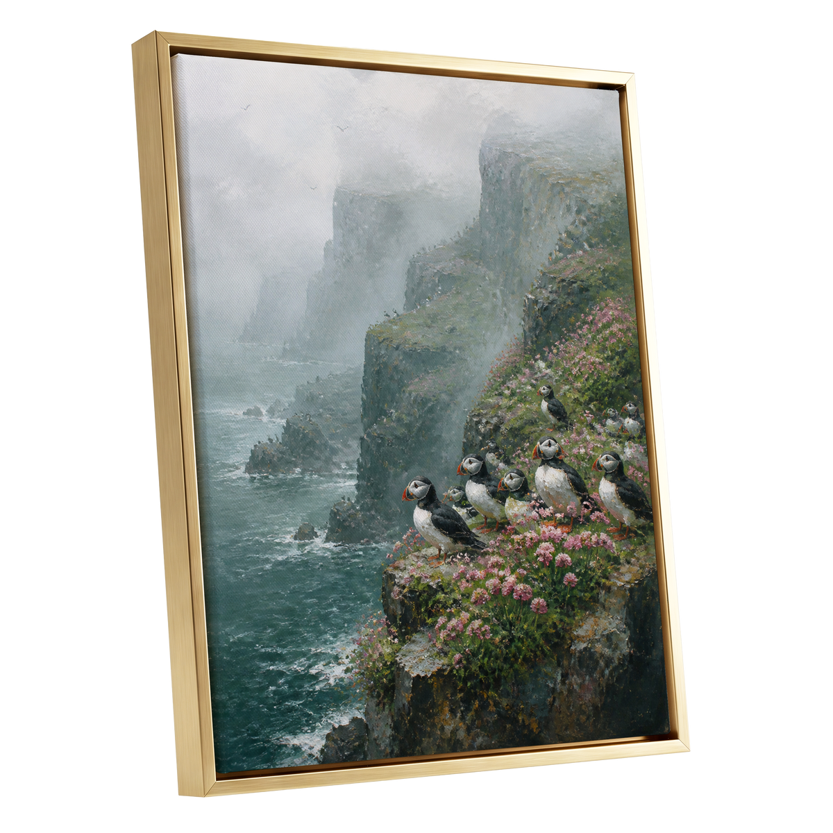 Puffins Above the Tides, blue, green, gray nature wall art shown as a gold framed canvas wall art