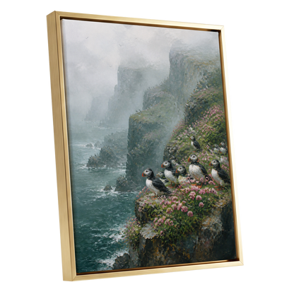 Puffins Above the Tides, blue, green, gray nature wall art shown as a gold framed canvas wall art