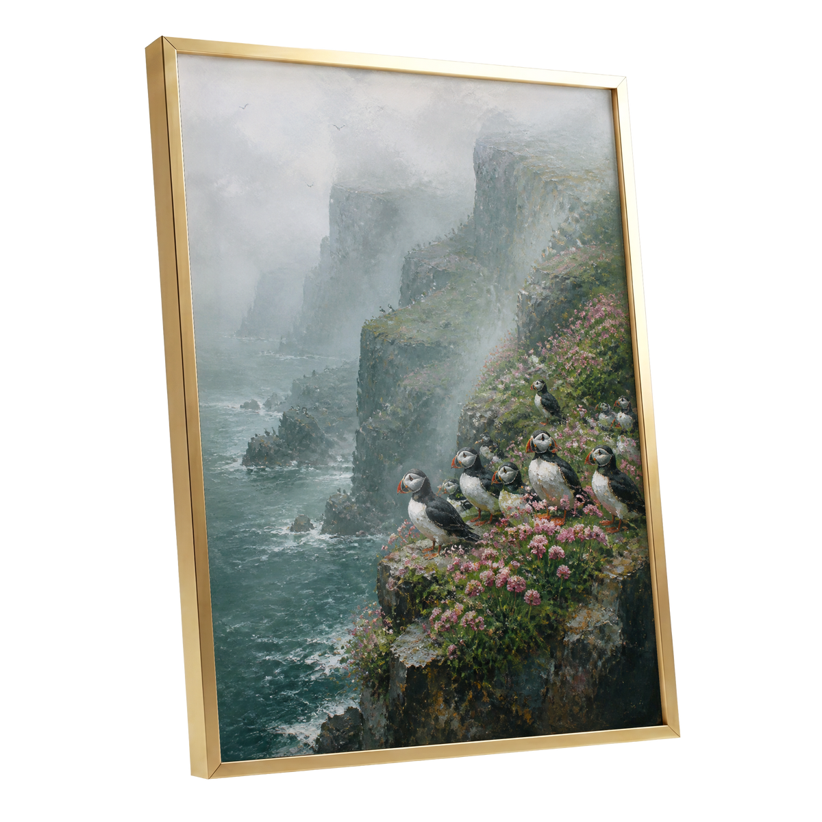 Puffins Above the Tides, blue, green, gray nature wall art shown as a gold framed poster wall art print