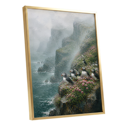 Puffins Above the Tides, blue, green, gray nature wall art shown as a gold framed poster wall art print