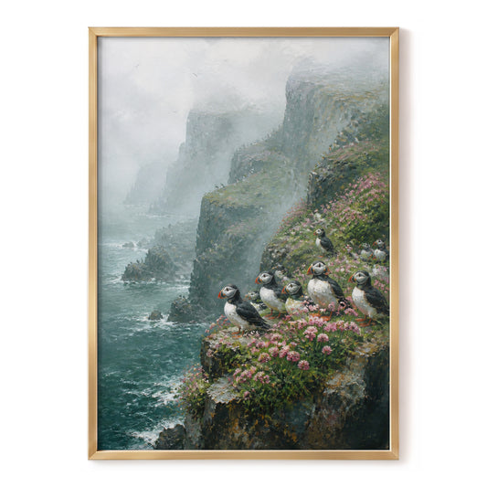 Puffins Above the Tides, blue, green, gray nature wall art, front artwork view