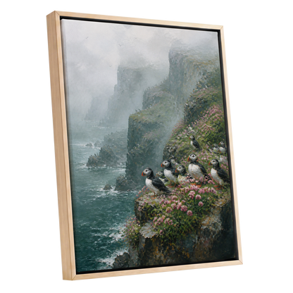 Puffins Above the Tides, blue, green, gray nature wall art shown as a oak framed canvas wall art