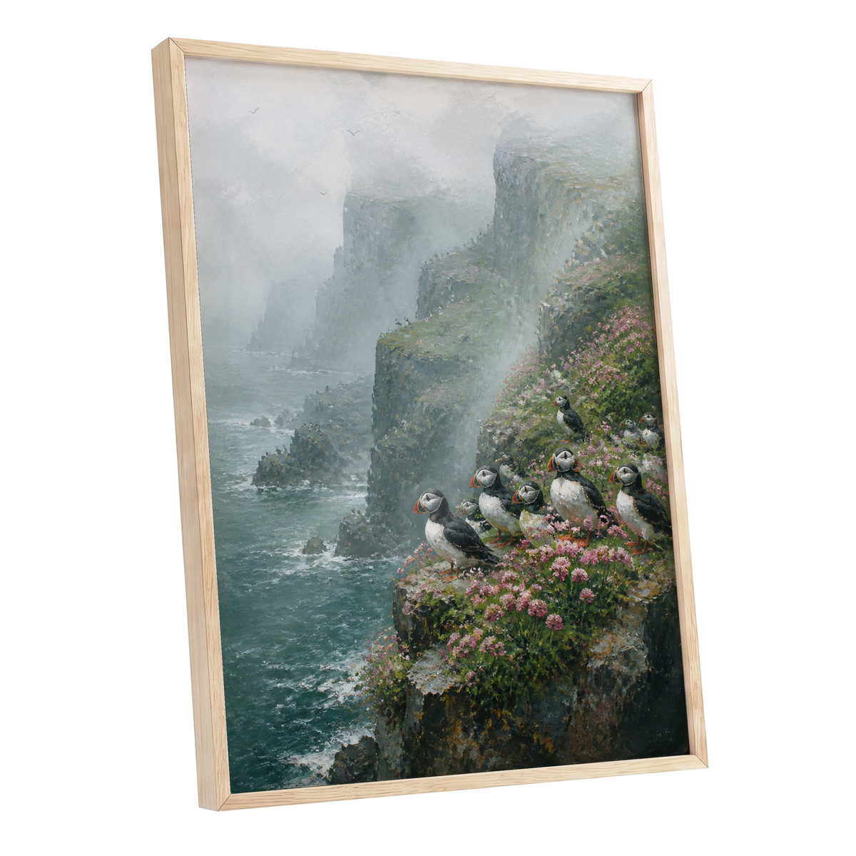 Puffins Above the Tides, blue, green, gray nature wall art shown as a oak framed poster wall art print