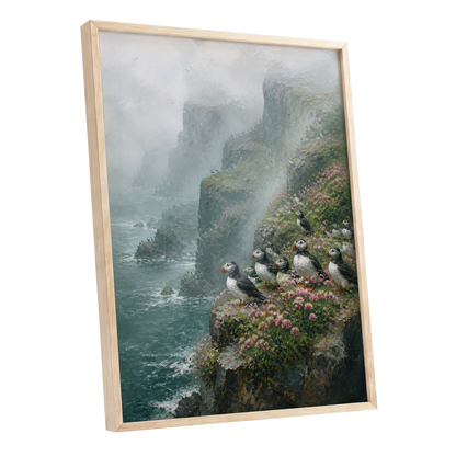 Puffins Above the Tides, blue, green, gray nature wall art shown as a oak framed poster wall art print