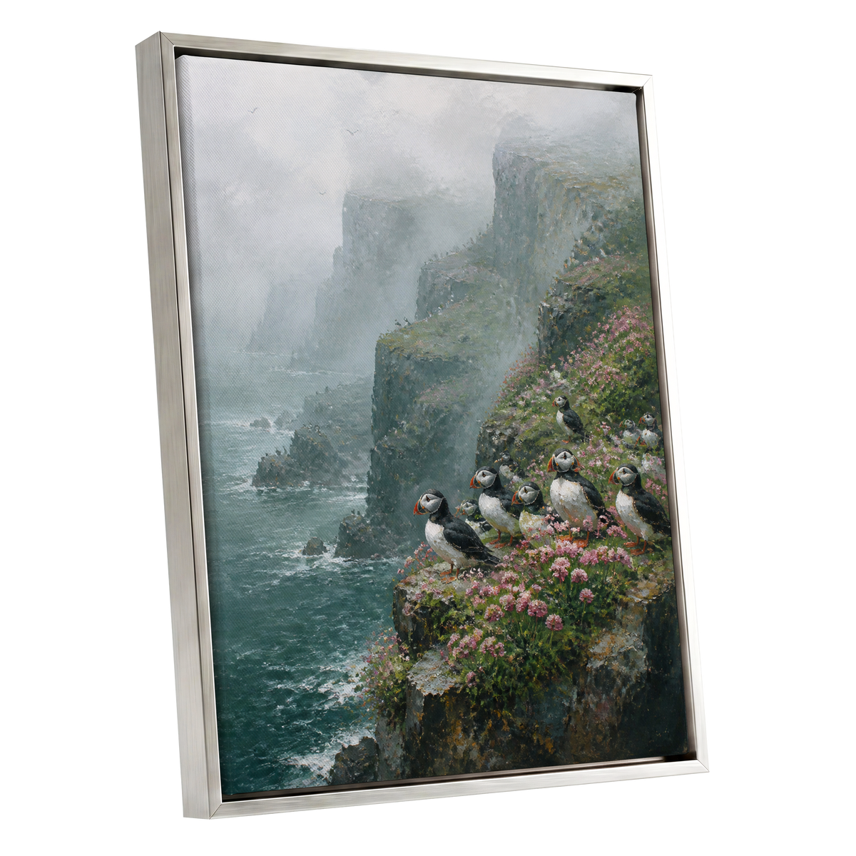 Puffins Above the Tides, blue, green, gray nature wall art shown as a silver framed canvas wall art