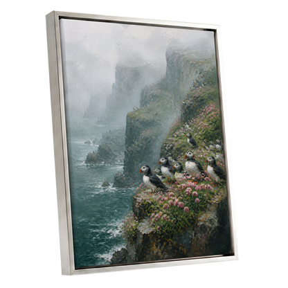 Puffins Above the Tides, blue, green, gray nature wall art shown as a silver framed canvas wall art