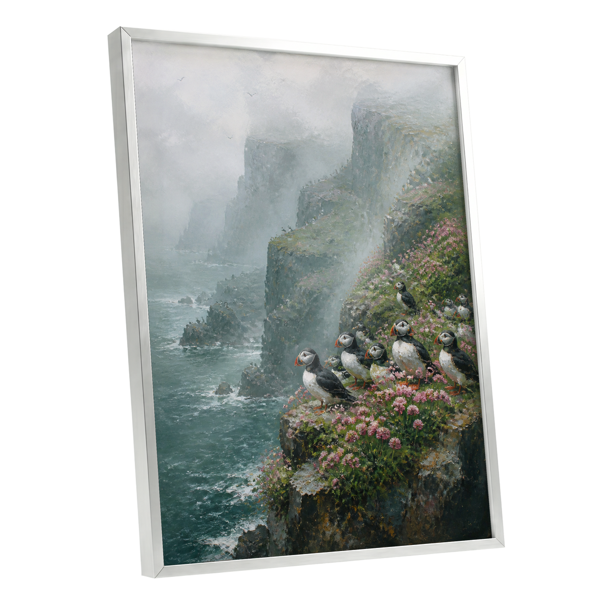 Puffins Above the Tides, blue, green, gray nature wall art shown as a silver framed poster wall art print