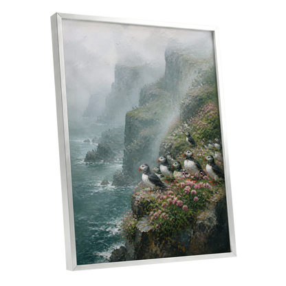 Puffins Above the Tides, blue, green, gray nature wall art shown as a silver framed poster wall art print
