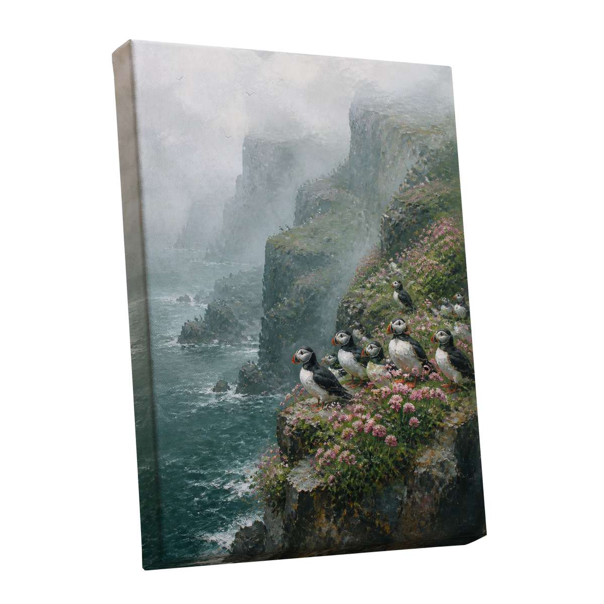 Puffins Above the Tides, blue, green, gray nature wall art shown as a stretched canvas wall art