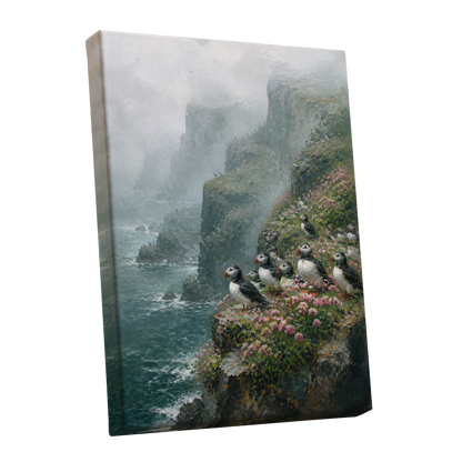 Puffins Above the Tides, blue, green, gray nature wall art shown as a stretched canvas wall art