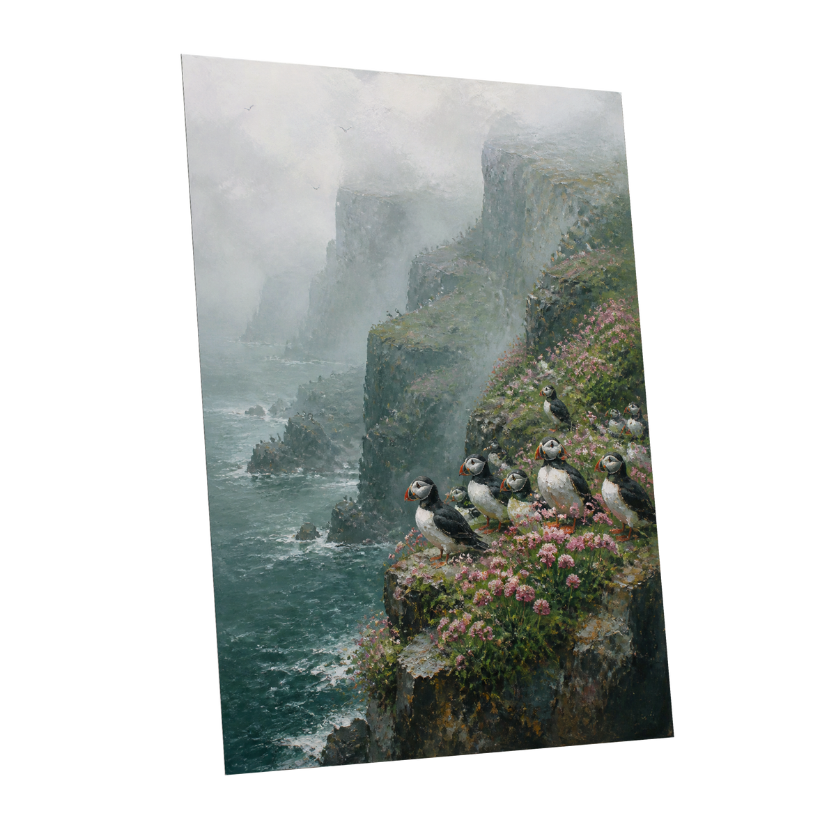 Puffins Above the Tides, blue, green, gray nature wall art shown as a unframed poster wall art print