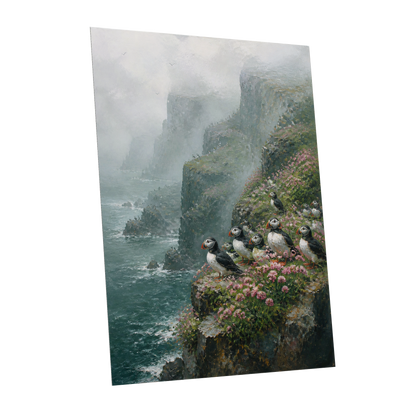 Puffins Above the Tides, blue, green, gray nature wall art shown as a unframed poster wall art print