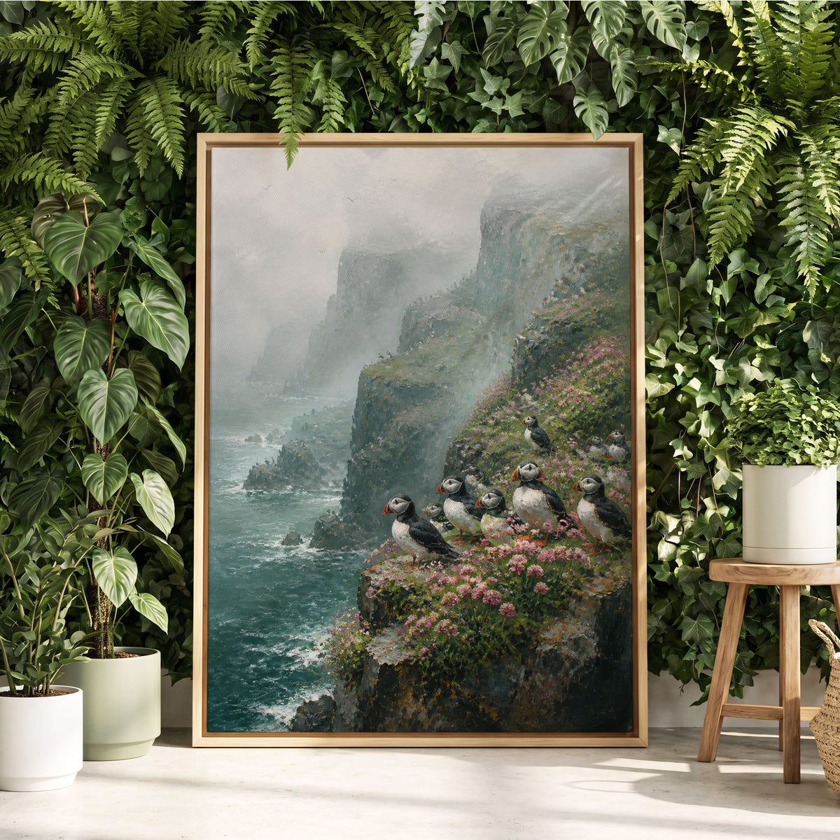 Puffins Above the Tides, blue, green, gray nature wall art displayed in a styled interior, gallery view 1