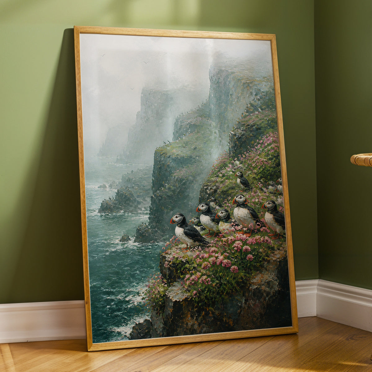 Puffins Above the Tides, blue, green, gray nature wall art displayed in a styled interior, gallery view 2