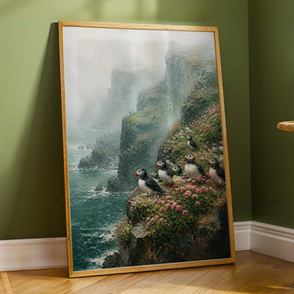 Puffins Above the Tides, blue, green, gray nature wall art displayed in a styled interior, gallery view 2
