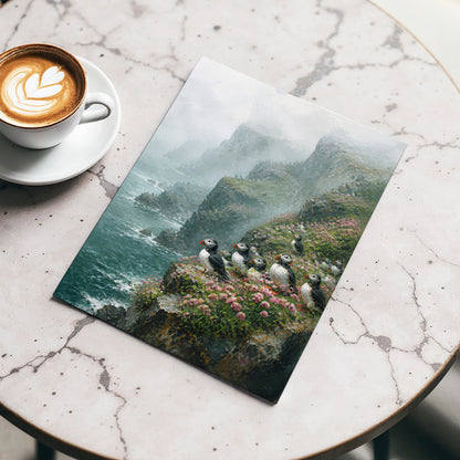 Puffins Above the Tides, blue, green, gray nature wall art displayed in a styled interior, gallery view 3