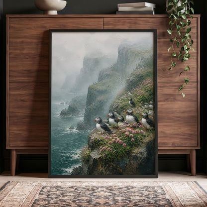 Puffins Above the Tides, blue, green, gray nature wall art displayed in a styled interior, gallery view 4