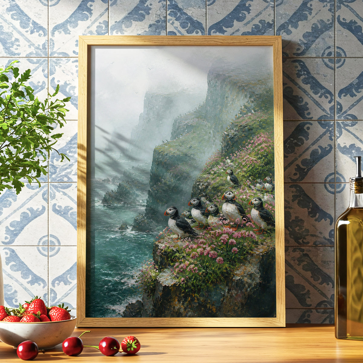 Puffins Above the Tides, blue, green, gray nature wall art displayed in a styled interior, gallery view 5
