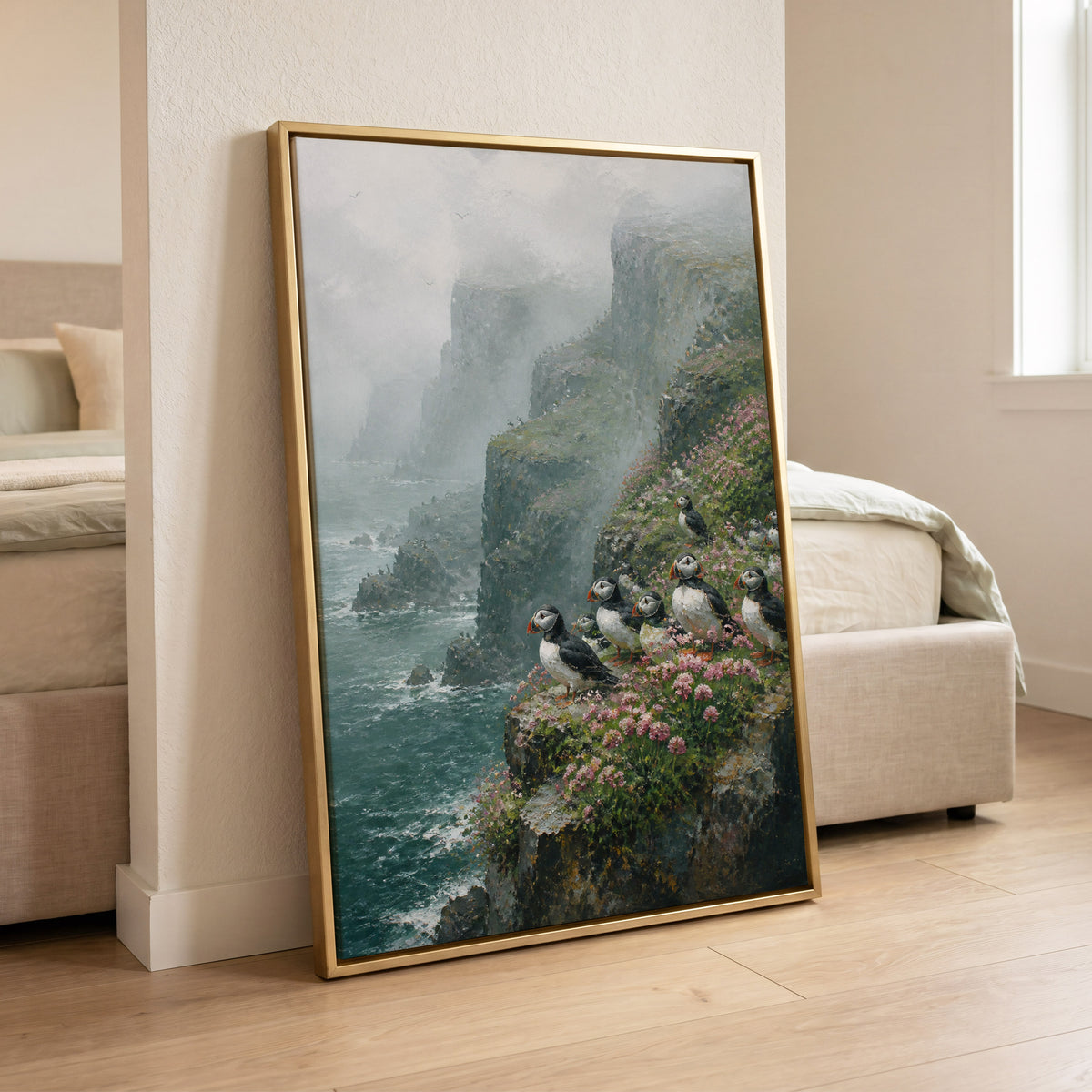 Puffins Above the Tides, blue, green, gray nature wall art displayed in a styled interior, gallery view 6