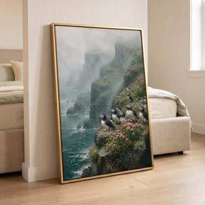 Puffins Above the Tides, blue, green, gray nature wall art displayed in a styled interior, gallery view 6