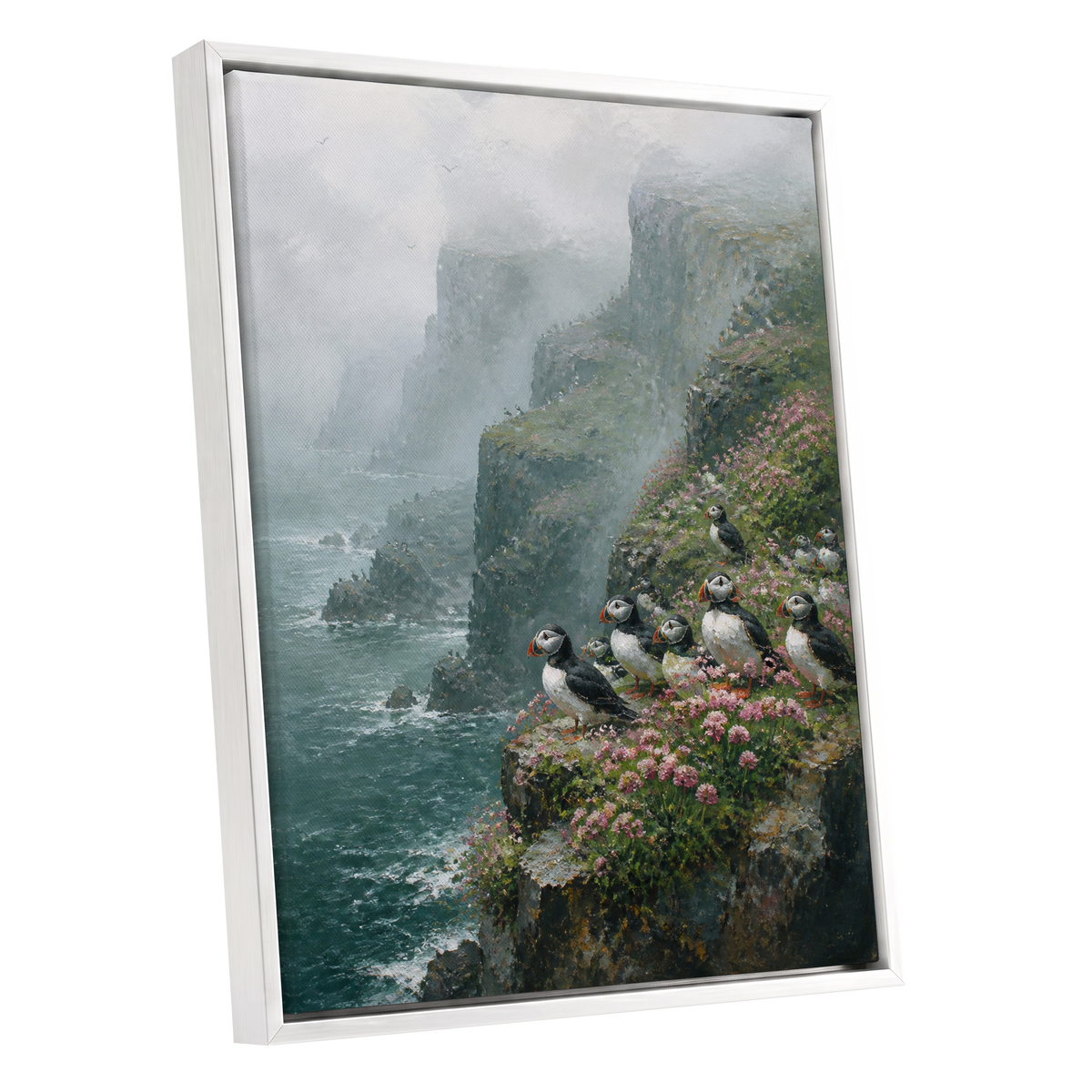 Puffins Above the Tides, blue, green, gray nature wall art shown as a white framed canvas wall art