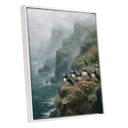 Puffins Above the Tides, blue, green, gray nature wall art shown as a white framed canvas wall art