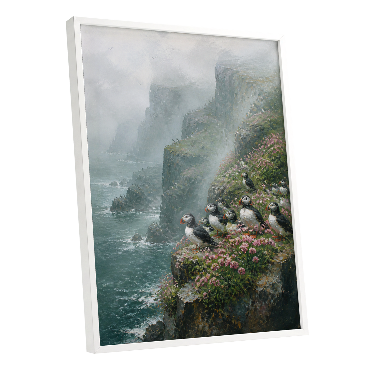 Puffins Above the Tides, blue, green, gray nature wall art shown as a white framed poster wall art print
