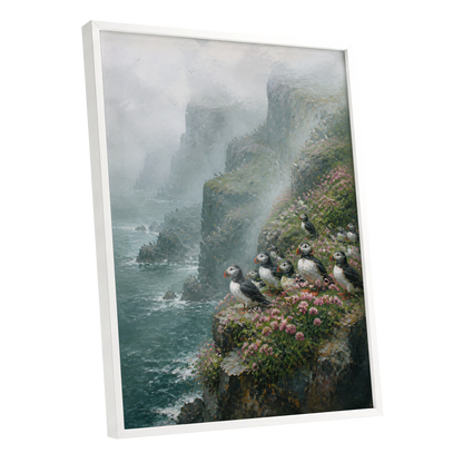 Puffins Above the Tides, blue, green, gray nature wall art shown as a white framed poster wall art print