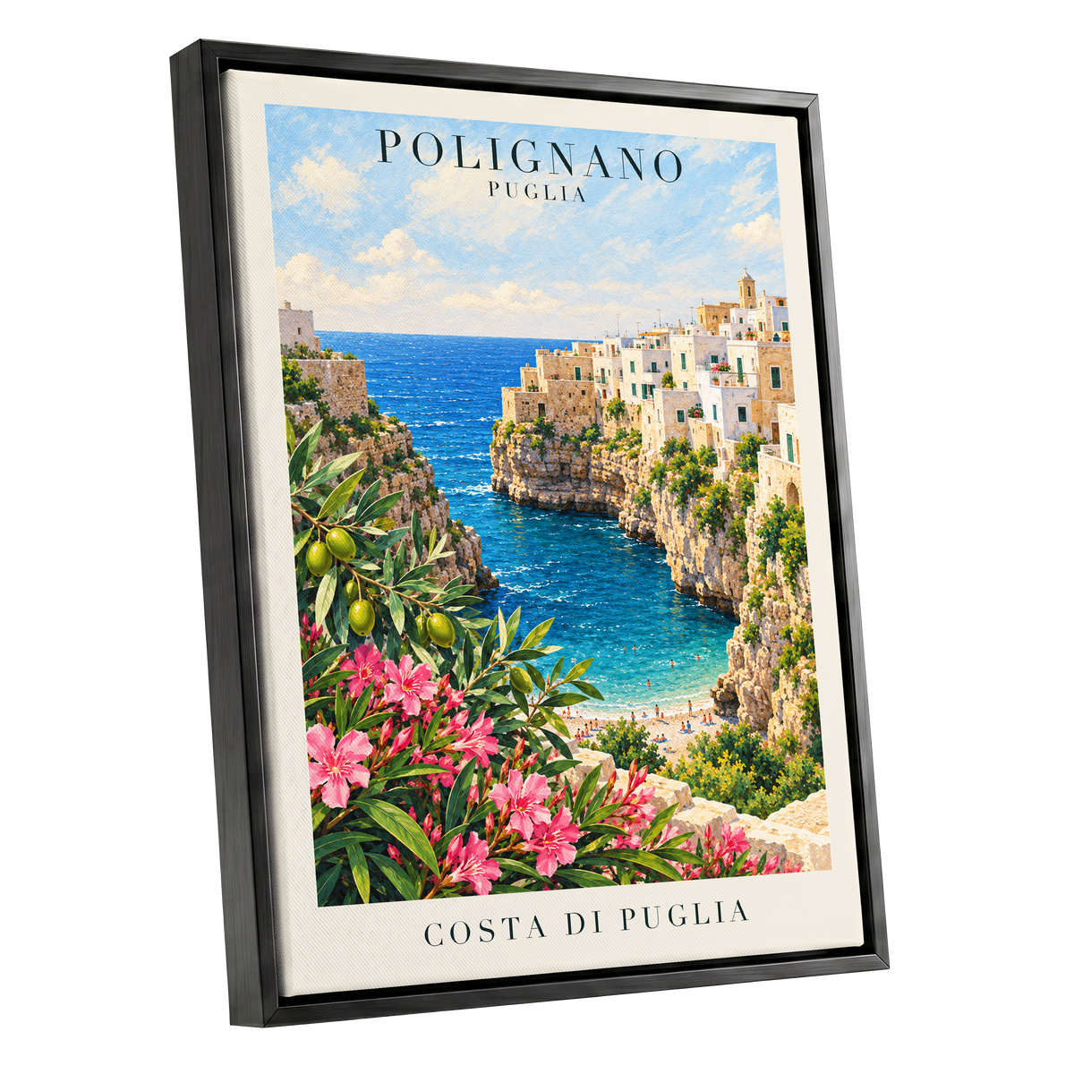 Puglia Coastal Bloom, blue, green, pink nature wall art shown as a black framed canvas wall art