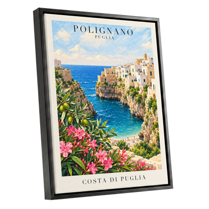 Puglia Coastal Bloom, blue, green, pink nature wall art shown as a black framed canvas wall art
