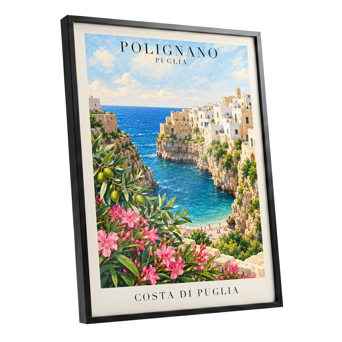 Puglia Coastal Bloom, blue, green, pink nature wall art shown as a black framed poster wall art print