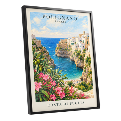 Puglia Coastal Bloom, blue, green, pink nature wall art shown as a black framed poster wall art print