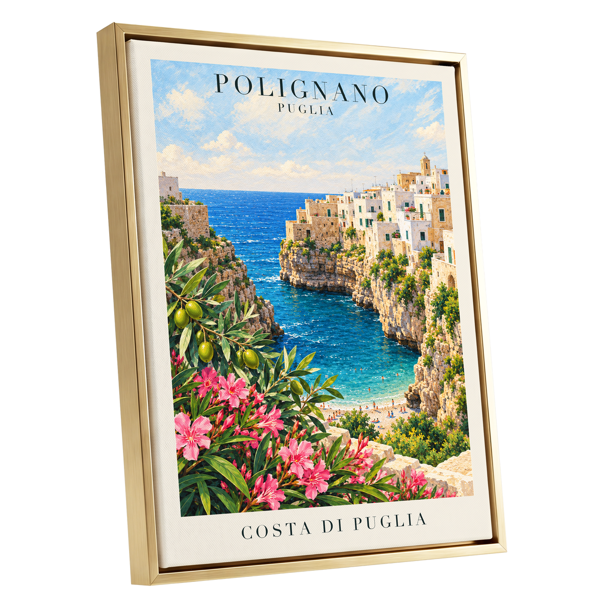 Puglia Coastal Bloom, blue, green, pink nature wall art shown as a gold framed canvas wall art