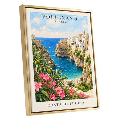Puglia Coastal Bloom, blue, green, pink nature wall art shown as a gold framed canvas wall art