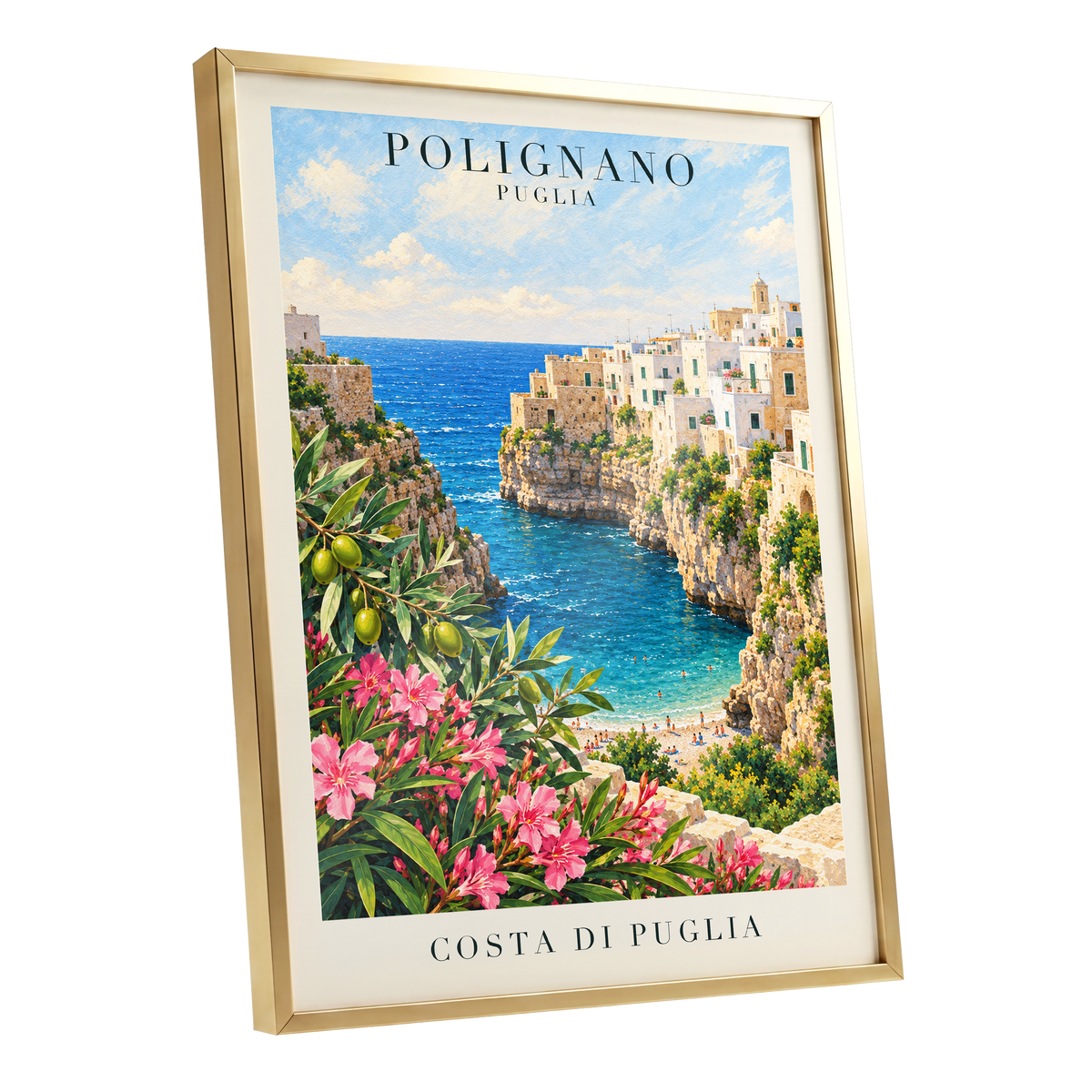 Puglia Coastal Bloom, blue, green, pink nature wall art shown as a gold framed poster wall art print