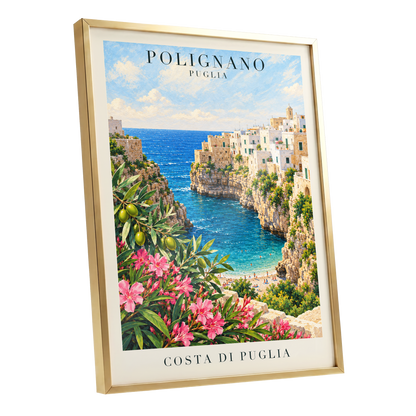 Puglia Coastal Bloom, blue, green, pink nature wall art shown as a gold framed poster wall art print