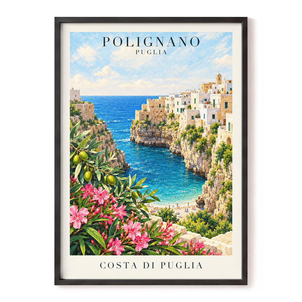 Puglia Coastal Bloom, blue, green, pink nature wall art, front artwork view
