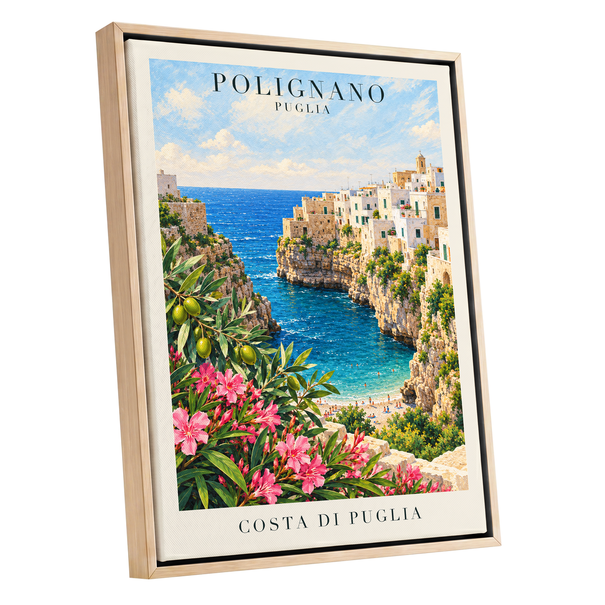 Puglia Coastal Bloom, blue, green, pink nature wall art shown as a oak framed canvas wall art