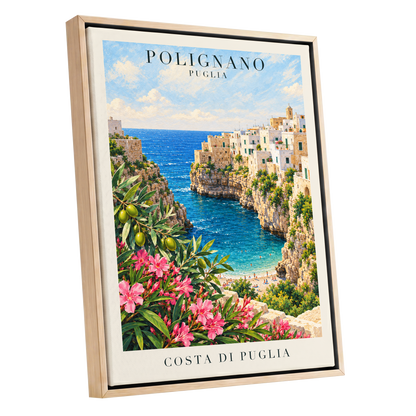 Puglia Coastal Bloom, blue, green, pink nature wall art shown as a oak framed canvas wall art